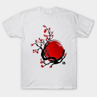 Zen Enso Circle, Sun and Red Sakura Blossom T-Shirt